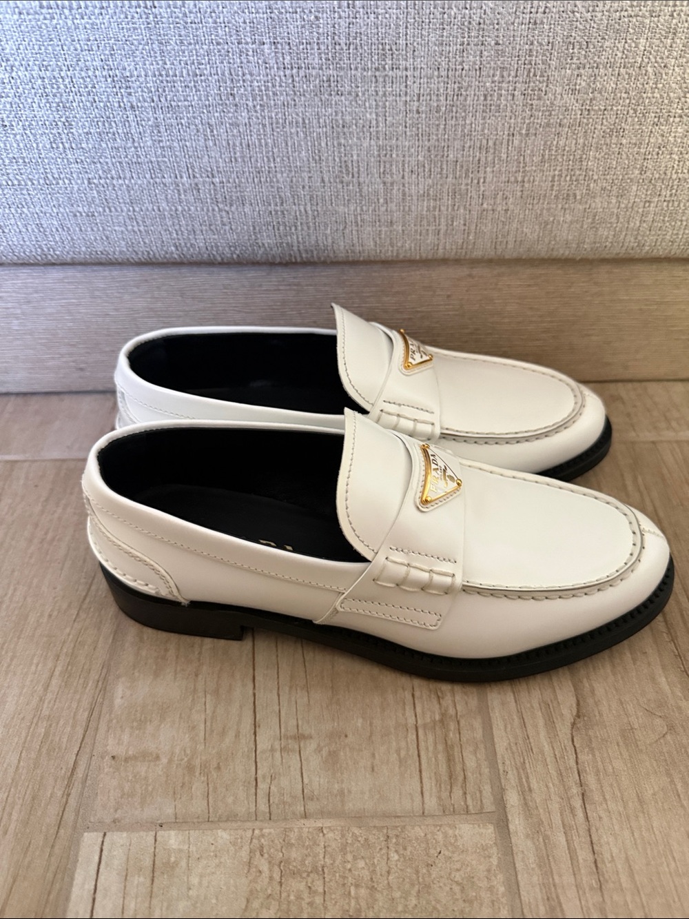 Prada White Leather Loafers with Gold Logo Plaque - Picture 2 of 4